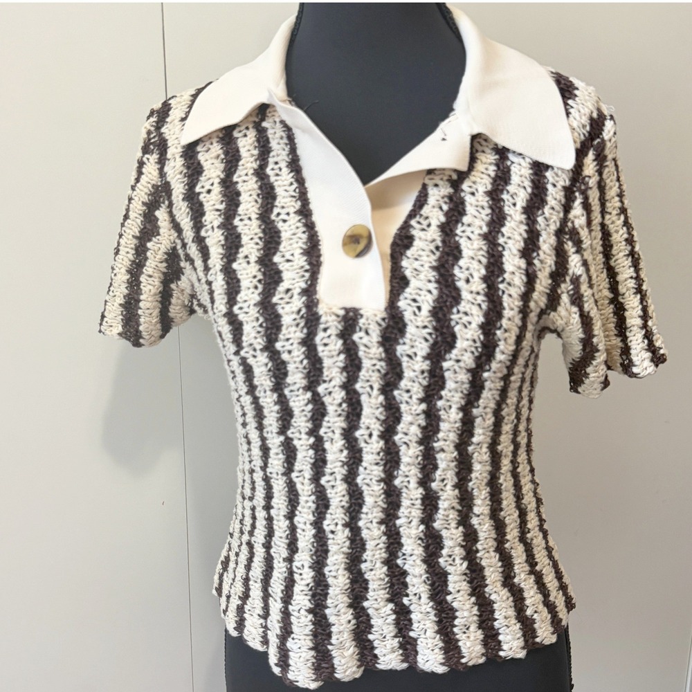 Zara Strip Polo Women S Brown Cream Retro Crochet Open Knit Beetlejuice Grunge